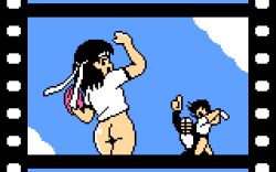  1boy 2girls ass baseball baseball_bat baseball_glove black_eyes black_hair bottomless cloud coconuts_japan film_reel from_behind headband holding i_love_softball index_finger_raised long_hair looking_at_viewer looking_back multiple_girls open_mouth pixel_art saiwai_hiroshi shirt short_hair short_sleeves sky smile standing umpire white_shirt zenra 