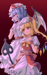  2girls absurdres bat_wings blue_hair buttons crystal_wings dress flandre_scarlet gloves gradient_background grin hat highres light_smile long_hair mob_cap multicolored_wings multiple_girls puffy_short_sleeves puffy_sleeves red_background red_ribbon red_vest remilia_scarlet ribbon short_sleeves side_ponytail smile ss6yu teeth touhou vest white_dress white_gloves white_hat wings yellow_ribbon 