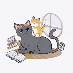  ^_^ animal black_eyes book cat closed_eyes commentary eyewear_on_head food fruit heart highres log_pose mandarin_orange nami_(one_piece) nico_robin one_piece smile symbol-only_commentary yingchencat 