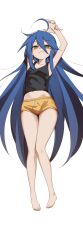  1girl :3 absurdres ahoge armpits arms_up bare_shoulders barefoot black_shirt blue_hair bright_pupils closed_mouth collarbone commission commissioner_upload dakimakura_(medium) dot_nose flat_chest full_body green_eyes groin hair_between_eyes highres holding_own_arm izumi_konata long_hair looking_at_viewer lucky_star lying midriff_peek mole mole_under_eye navel non-web_source on_back on_bed once_11h shirt short_shorts shorts sidelocks simple_background sleeveless sleeveless_shirt solo straight_hair transparent_background very_long_hair white_pupils yellow_shorts  rating:Sensitive score:46 user:danbooru