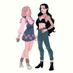  2girls alternate_costume atalajoestar belt black_boots black_bra black_hair blue_eyes boots bra breasts casual cleavage collared_shirt commentary contemporary denim diamond_wa_kudakenai dress english_commentary fishnet_top fishnets flower flower_ornament full_body green_eyes hair_bobbles hair_ornament hand_on_own_hip high_heels highres hirose_yasuho holding holding_phone jeans jojo_no_kimyou_na_bouken jojolion long_hair long_sleeves looking_at_viewer makeup medium_breasts midriff multiple_girls navel pants phone pink_hair pink_shirt pink_socks purple_lips rose shirt shoes smile sneakers socks standing torn_clothes torn_jeans torn_pants underwear white_background white_shoes yamagishi_yukako 