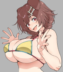  animal_ears bikini blush braid breasts brown_eyes brown_hair dog_ears dog_girl fang grey_background hair_ornament henriiku_(ahemaru) highres hololive huge_breasts inugami_korone long_hair open_mouth simple_background smile swimsuit twin_braids undersized_clothes upper_body yellow_swimsuit 