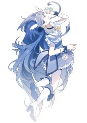  1girl absurdly_long_hair absurdres aoki_reika armor bag_bow blue_bow blue_bowtie blue_choker blue_eyes blue_hair blue_ribbon blue_shirt blue_shorts blue_skirt blue_wrist_cuffs blunt_bangs boots bow bowtie brooch choker closed_mouth coattails commentary_request cure_beauty expressionless eyelashes feather-trimmed_sleeves footwear_ribbon frilled_skirt frilled_sleeves frills full_body hair_ornament hair_tubes high_heel_boots high_heels highres holding holding_snowflake jewelry knee_boots leaning_back leg_up light_frown long_hair long_sidelocks looking_at_viewer magical_girl miniskirt morgue_(southsakura) pink_bow pleated_skirt precure ribbon shirt short_sleeves shorts shorts_under_skirt sidelocks simple_background single_stripe skirt skirt_set smile_precure! snowflakes solo striped_bow tiara very_long_hair waist_bag white_armor white_background white_bag white_boots white_sleeves wing_hair_ornament wrist_cuffs 
