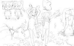  animal_ears arms_up braid cat_ears doremi_(doremi4704) dress greyscale guide how_to long_hair monochrome multiple_girls original shirt sketch smile sparkle standing 