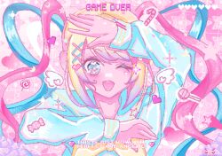  1girl ;d blonde_hair blue_eyes blue_hair blue_serafuku candy character_tadpole_92 chouzetsusaikawa_tenshi-chan colored_tips drawn_wings english_text food game_over grid_background hair_ornament heart heart_hair_ornament highres lollipop looking_at_viewer multicolored_hair needy_girl_overdose one_eye_closed open_mouth outstretched_arms pink_hair quad_tails saturated school_uniform serafuku smile solo sparkle sparkling_eyes upper_body x_hair_ornament 