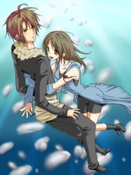  1990s_(style) 1boy 1girl belt bike_shorts black_hair boots brown_eyes brown_hair couple della_lake detached_sleeves final_fantasy final_fantasy_viii hetero hug jacket long_hair open_mouth pants rinoa_heartilly scar short_hair shorts squall_leonhart 