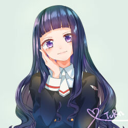  1girl absurdres black_hair black_jacket blunt_bangs blush buttons cardcaptor_sakura cardcaptor_sakura_clear_card_arc collared_shirt daidouji_tomoyo double-breasted hand_on_own_cheek hand_on_own_face highres jacket light_smile long_hair long_sleeves looking_at_viewer necktie purple_eyes school_uniform shirt short_necktie signature solo tomoeda_middle_school_uniform turn_zhuan upper_body wavy_hair white_necktie white_shirt 
