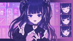  1girl :3 absurdres black_hair black_nails black_ribbon choker commentary_request ear_piercing fangs frills hair_ribbon highres holding holding_phone jirai_kei letterboxed long_hair looking_at_viewer multicolored_hair multiple_expressions n0nalcoh0l nervous_smile nervous_sweating original phone piercing pink_background pink_hair pink_shirt purple_eyes ribbon shirt smile streaked_hair sweat two-tone_hair upper_body yami_kawaii 