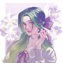  1girl anyumii136 bow commentary earrings eyelashes flower glint green_hair hair_bow half_updo highres jewelry long_hair long_sleeves looking_at_viewer makino_(one_piece) necklace one_piece parted_lips pink_lips ponytail purple_bow red_eyes ring solo 