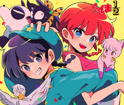  1boy 1girl blue_eyes braid cat chinese_clothes grin looking_at_viewer mousse_(duck)_(ranma_1/2) open_mouth panda ranma-chan ranma_1/2 red_hair sanamaru_(sana79261827) saotome_genma_(panda) saotome_ranma shampoo_(cat) smile teeth upper_body 