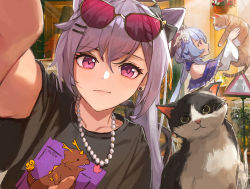  2girls absurdres alternate_costume bare_shoulders black_bow black_cat black_shirt blouse blush bow brown_cat cat closed_mouth collarbone commentary double_bun ear_piercing english_commentary eyewear_on_head ganyu_(genshin_impact) genshin_impact hair_bow hair_bun hair_ornament hairclip highres jewelry keqing_(genshin_impact) long_hair long_sleeves looking_at_viewer multiple_girls necklace off_shoulder pearl_necklace piercing purple_eyes purple_hair revision selfie shirt short_sleeves smile sunglasses upper_body wide_sleeves xude  rating:General score:32 user:danbooru