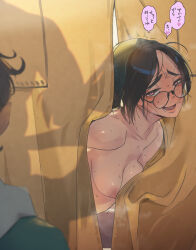  1girl alma_(monster_hunter_wilds) black_hair blush breasts collarbone curtains fucked_silly glasses grabbing_another&#039;s_hair heart heart-shaped_pupils hetero highres holding_another&#039;s_hair implied_sex kawaty long_hair monster_hunter_(series) monster_hunter_wilds nipples nude open_mouth saliva sex sex_from_behind shadow standing stealth_sex sweat symbol-shaped_pupils torogao translation_request 