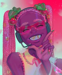  1girl alternate_skin_color aquiboni cherry_blossoms cherry_hair_ornament commentary dark-skinned_female dark_skin detached_sleeves dreadlocks english_commentary eyelashes fake_nails food-themed_hair_ornament frilled_shirt_collar frills glint grills grin hair_ornament hatsune_miku headset highres index_finger_raised long_hair miku_day pink_hair red_nails sakura_miku shirt smile solo tinted_eyewear upper_body very_dark_skin vocaloid white_shirt  rating:General score:9 user:danbooru
