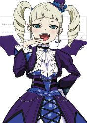 1girl aikatsu! aikatsu!_(series) ascot bat_wings blue_eyes blush brooch commentary_request dress drill_hair fangs green_hair hat highres jewelry looking_at_viewer mini_hat open_mouth osame purple_dress smile solo teeth todo_yurika translation_request twin_drills vampire wings rating:General score:11 user:danbooru