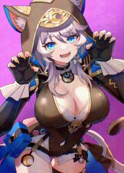  1girl animal_ears animal_hood black_gloves blue_eyes breasts cat_ears cat_girl cat_hood cat_tail cipher_(honkai:_star_rail) cleavage commentary cowboy_shot fingerless_gloves gloves grey_hair highres honkai:_star_rail honkai_(series) hood large_breasts mole mole_on_breast open_mouth paw_pose purple_background short_hair_with_long_locks short_shorts shorts solo tail thighs uni_(maru231) white_shorts yellow_nails 