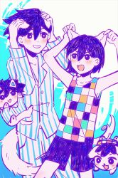  2boys absurdres animal_ears animalization antenna_hair arms_up bailan1130 blush bright_pupils brothers collarbone colored_skin dog dog_boy dog_ears dog_tail grin hero_(headspace)_(omori) hero_(omori) highres kel_(headspace)_(omori) kel_(omori) kemonomimi_mode long_sleeves looking_at_another male_focus multiple_boys omori open_mouth pajamas pants parted_lips person_and_animalization purple_eyes purple_hair purple_shorts short_hair shorts siblings smile tail tank_top teeth white_pupils white_skin 