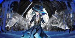  1girl ascot black_background black_coat black_hat black_pants black_vest blue_bow blue_liquid boater_hat bow building closed_eyes coat collared_shirt conductor_baton cowboy_shot disembodied_hand english_text european_architecture facing_viewer grey_hair halftone hat hat_bow highres holding_baton jacknavy pants reverse:1999 sample_watermark shirt short_hair solo vertin_(reverse:1999) vest waistcoat watermark white_ascot white_shirt 