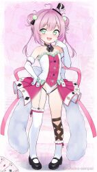  ahoge artist_name black_hat black_shoes blush double_bun elbow_gloves eroneko_senpai fang full_body gloves gluteal_fold green_eyes hair_bun hand_on_own_hip hand_to_own_mouth hat hololive hololive_china leotard open_mouth pink_hair red_skirt shoes short_hair showgirl_skirt single_sock single_thighhigh skirt smile socks spade_echo standing strapless strapless_leotard thighhighs thighs virtual_youtuber white_gloves white_leotard white_thighhighs 
