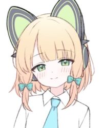  1girl blonde_hair blue_archive blush bow closed_mouth code_3dr green_eyes hair_bow looking_at_viewer lowres medium_hair midori_(blue_archive) necktie portrait shirt sidelocks simple_background solo white_background white_shirt wing_collar 