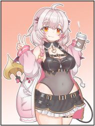 1girl absurdres ahoge belt braid breasts cleavage covered_navel cup disposable_cup fang gradient_background gradient_hair grey_hair highres holding holding_cup indie_virtual_youtuber jacket jacket_partially_removed long_hair looking_at_viewer medium_breasts multicolored_hair orange_eyes pink_hair short_shorts shorts smile solo stam suou_patra taganogi thigh_strap thighs twin_braids v virtual_youtuber white_hair zipper 