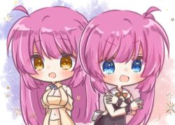  2girls :d ahoge alternate_costume arm_under_breasts back_bow bare_shoulders black_dress blue_eyes blush bow bowtie breasts chibi chibi_only cleavage cleavage_cutout clothing_cutout commentary_request cowboy_shot dress dual_wielding futaki_kanata hair_between_eyes holding holding_toy large_breasts little_busters! long_hair looking_at_viewer marble_(toy) multiple_girls open_mouth orange_bow orange_bowtie pink_hair saigusa_haruka siblings side-by-side simple_background sisters sleeveless sleeveless_dress smile sparkling_eyes toy twins utuigawa v-shaped_eyebrows very_long_hair white_bow yellow_dress yellow_eyes 