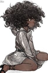1girl arms_between_legs artist_name belt black_belt black_eyes black_footwear black_hair blush closed_mouth collarbone colored_sclera curly_hair dark-skinned_female dark_skin full_body high_heels highres hood hood_down light_frown long_hair long_sleeves looking_to_the_side on_floor original p_(pm_611a) robe simple_background single_bare_foot sitting sleeves_past_fingers sleeves_past_wrists solo wariza white_background white_robe yellow_sclera rating:General score:28 user:danbooru
