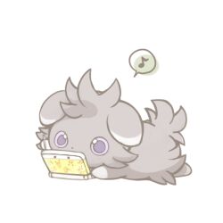  animal_focus commentary_request espurr full_body gen_1_pokemon gen_6_pokemon handheld_game_console holding holding_stylus konanbo lying musical_note nintendo nintendo_ds no_humans on_stomach pikachu playing_games pokemon pokemon_(creature) purple_eyes simple_background solo speech_bubble spoken_musical_note stylus white_background  rating:General score:3 user:danbooru