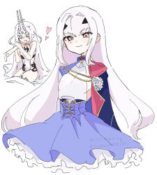  1girl aiguillette bare_shoulders blue_cape blue_dress breasts cape dragon_horns dress fate/grand_order fate_(series) forked_eyebrows frills hand_grab highres horns jewelry lajomcgolf85641 long_hair looking_at_viewer melusine_(fate) melusine_(second_ascension)_(fate) melusine_(swimsuit_ruler)_(fate) melusine_(swimsuit_ruler)_(second_ascension)_(fate) one-piece_swimsuit sideless_outfit sidelocks small_breasts smile solo swimsuit thighlet thighs white_background white_hair white_one-piece_swimsuit yellow_eyes 