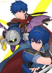  3boys absurdres blue_eyes blue_hair cape chokokomiu commentary_request fire_emblem fire_emblem:_mystery_of_the_emblem fire_emblem:_path_of_radiance headband highres holding holding_sword holding_weapon ike_(fire_emblem) kirby_(series) male_focus marth_(fire_emblem) mask meta_knight multiple_boys nintendo short_hair super_smash_bros. sword tiara two-sided_cape two-sided_fabric weapon wings 