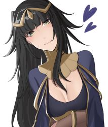 1girl ao_saryaruhu arms_at_sides black_bra black_eyes black_hair bodysuit bra breasts cleavage cloak collar eyelashes facing_viewer female_focus fire_emblem fire_emblem_awakening happy highres hime_cut large_breasts leaning_to_the_side light_blush long_hair looking_at_viewer matching_hair/eyes nintendo revealing_clothes see-through_bodysuit see-through_clothes short_twintails sidelocks simple_background smile standing tharja_(fire_emblem) tiara twintails underwear upper_body white_background 