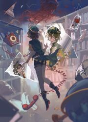  1boy 1girl absurdres aleph_(reverse:1999) antique_phone black_boots black_shorts bookshelf boots broken_mirror brown_hair cape different_reflection facing_away floating from_behind full_body glass_shards green_cape green_eyes green_hat hat hat_feather highres indoors long_hair mirror newsboy_cap pantyhose phone quill recoleta_(reverse:1999) red_hair reflection reverse:1999 rotary_phone shirt short_hair short_shorts shorts white_pantyhose white_shirt yelin_yoru 