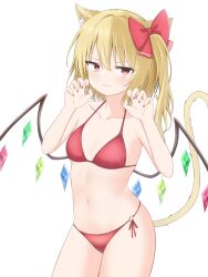  &gt;:) 1girl absurdres alternate_costume animal_ear_fluff animal_ears bare_arms bare_shoulders bikini blonde_hair blush bow breasts cat_ears cat_girl cat_tail claw_pose closed_mouth collarbone commentary cowboy_shot crystal_wings eyelashes fingernails flandre_scarlet hair_between_eyes hair_bow halterneck hands_up highres kemonomimi_mode looking_at_viewer medium_hair navel no_headwear o-ring o-ring_bikini o-ring_bottom one_side_up red_bikini red_bow red_eyes side-tie_bikini_bottom simple_background small_breasts smile smug solo swimsuit szl tail tail_raised touhou tsurime v-shaped_eyebrows white_background wings 
