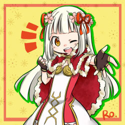  1girl alternate_color blunt_bangs blush brown_gloves cape commentary_request copyright_name cowboy_shot dress fingerless_gloves flat_chest flower fur-trimmed_cape fur_trim gloves hair_flower hair_ornament hair_ribbon high_wizard_(ragnarok_online) long_hair looking_at_viewer nayuruonline notice_lines one_eye_closed open_mouth pink_flower ragnarok_online reaching reaching_towards_viewer red_cape red_dress red_ribbon ribbon smile solo teeth two-tone_dress upper_teeth_only white_dress white_hair yellow_background 