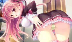  1girl bent_over blush breasts female_focus game_cg happy himekawa_mitomo indoors koisuru_doll_to_omoi_no_kiseki large_breasts long_hair panties pink_hair skirt smile solo sugar_pot tagme thighhighs tsukishima_yuuko underwear yellow_eyes  rating:Questionable score:28 user:Aurora_