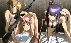 3girls battle_rifle breasts brown_hair busujima_saeko cleavage cropped downblouse ebara_yasuhiro glasses gun hanging_breasts highres highschool_of_the_dead impossible_clothes impossible_shirt katana large_breasts legs long_hair m14 m1a1 miyamoto_rei multiple_girls panties pink_hair purple_hair rifle shirt side-tie_panties sideboob sword takagi_saya thighs thong twintails underwear weapon rating:Questionable score:167 user:danbooru
