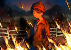  1boy brown_hair closed_mouth cowboy_shot fence fire grey_shirt highres huidu jacket light_smile long_sleeves male_focus open_clothes open_jacket outdoors pom_pom_hat_ornament red_hair red_jacket shirt short_hair solo south_park stan_marsh yellow_eyes 