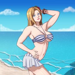  1girl abs absurdres toned_female beach bikini blonde_hair blue_eyes blue_sky breasts cleavage dead_or_alive dead_or_alive_2 dead_or_alive_3 dead_or_alive_4 dead_or_alive_5 dead_or_alive_6 dead_or_alive_xtreme dead_or_alive_xtreme_2 dead_or_alive_xtreme_3_fortune dead_or_alive_xtreme_beach_volleyball dead_or_alive_xtreme_venus_vacation highres large_breasts ocean sky sokloeum swimsuit tecmo tina_armstrong 