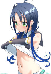  1girl black_gloves black_sailor_collar blue_hair breasts elbow_gloves gloves green_eyes kantai_collection long_hair low_twintails navel one-hour_drawing_challenge ray.s sailor_collar school_uniform serafuku simple_background skirt small_breasts solo suzukaze_(kancolle) twintails undressing upper_body white_background white_skirt 