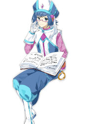  absurdres adjusting_eyewear baggy_pants bespectacled blue_eyes blue_hair blue_hat blue_pants blue_vest book boots capelet cardfight!!_vanguard character_request closed_mouth cosplay glasses gloves hair_ornament hand_on_eyewear happy hat highres knee_boots mitre morgue_(southsakura) open_book pants pink_sweater purple-framed_eyewear sendou_aichi short_hair simple_background sleeve_cuffs smile sweater swept_bangs tassel tassel_hair_ornament turtleneck turtleneck_sweater two-tone_headwear vest white_background white_boots white_capelet white_gloves white_hat white_sleeve_cuffs 