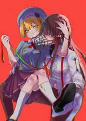  2girls absurdres animal_collar black_hair blonde_hair collar gloves green_eyes hat heaven_burns_red highres jacket leia_1213 long_hair maruyama_kanata multiple_girls red_background red_eyes shirt short_hair sidelocks skirt suspenders white_shirt yanagi_mion yuri 