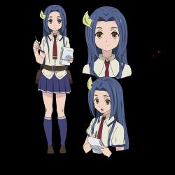  1girl blue_hair brown_eyes busou_shoujo_machiavellism character_name female_focus hair_ornament japanese_text kanzaki_karuna leaf_hair_ornament long_hair notebook official_art pencil school_uniform solo tanukihara_kinue text_focus translation_request transparent_background 