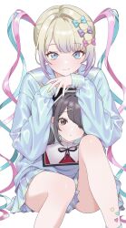  1girl ame-chan_(needy_girl_overdose) black_hair blonde_hair blue_eyes blue_hair blue_serafuku blue_shirt blue_skirt bow chouzetsusaikawa_tenshi-chan commentary grey_eyes hair_bow hair_ornament heart highres inami_(x_spidekawaii_x) long_hair long_sleeves looking_at_viewer multicolored_hair multiple_hair_bows nail_polish needy_girl_overdose pink_hair portrait_(object) school_uniform serafuku shirt sitting skirt smile twintails white_background x_hair_ornament 