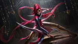  1girl 5others absurdres braid earrings fighting_stance fingernails foot_out_of_frame hair_ornament high_heels highres holding holding_sword holding_weapon ina_wong jewelry katarina_(league_of_legends) league_of_legends lipstick long_hair looking_at_viewer makeup mask masque_of_the_black_rose_katarina masquerade_mask multiple_others nail_polish official_art pelvic_curtain ponytail realistic red_hair red_lips ribbon shadow single_braid smile sparkle spread_legs standing sword thighs very_long_hair weapon 