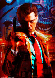  1boy android cityscape cyberpunk de-mon detective formal_clothes gillian_seed gun handgun konami lights looking_at_viewer machinery necktie night raincoat realistic robot serious skull snatcher snatcher_(robot) teeth weapon window 