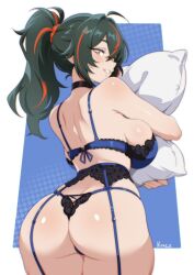  1girl ass ass_focus back black_hair blush bra breasts butt_crack garter_belt garter_straps hair_between_eyes huge_ass lace-trimmed_garter_belt lace_trim large_breasts lingerie long_hair looking_at_viewer looking_back multicolored_hair panties ponytail red_eyes red_hair streaked_hair thick_thighs thighs underwear underwear_only vizaz zenless_zone_zero zhu_yuan 