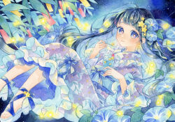  1girl absurdres amu_(m_aa) black_hair blue_eyes blue_flower blue_ribbon blue_sash cherry closed_mouth commentary_request earrings floral_print flower food frilled_kimono frilled_sleeves frills fruit hair_flower hair_ornament high_heel_sandals highres holding holding_spoon japanese_clothes jewelry kimono long_hair long_sleeves morning_glory night night_sky obi original painting_(medium) petticoat print_kimono ribbon sandals sash sky smile solo spoon star-shaped_pupils star_(symbol) star_earrings star_hair_ornament symbol-shaped_pupils tanabata tanzaku traditional_media watercolor_(medium) whipped_cream white_sandals 