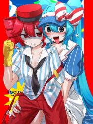  2girls bite_mark black_eyes black_necktie blue_hair fingering fingering_from_behind hat hatsune_miku heavy_breathing implied_fingering kasane_teto mesmerizer_(vocaloid) multiple_girls necktie pants pussy_juice red_hair red_pants riko_(ritora2024_6) standing tongue tongue_out vocaloid yuri 