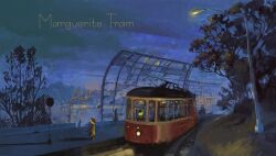  furry highres lamppost night night_sky ocean original pantograph shore sky slow_d streetcar tree utility_pole water window 