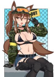  absurdres animal_ears belt black_gloves breasts brown_eyes brown_hair cadpat callisto_(greyeth) camouflage camouflage_jacket canadian_flag choker commission crop_top denim denim_shorts fox_ears fox_girl fox_tail gloves goggles goggles_on_headwear gun handgun hat highres jacket knee_pads large_breasts leaf looking_at_viewer maple_leaf multicolored_hair navel_piercing original peps_art piercing shorts streaked_hair tail thighhighs v weapon 