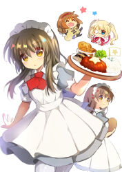  4girls ^_^ aged_up alternate_costume apron arm_at_side black_dress blonde_hair blue_eyes blush brown_eyes brown_hair chibi chibi_inset chinese_commentary clannad closed_eyes closed_mouth commentary_request company_connection cowboy_shot dress enmaided eyepatch eyes_visible_through_hair floating_hair food frilled_apron frills hair_between_eyes hair_ornament hairband hairclip hand_up highres holding holding_tray ibuki_fuuko jacket kaginado kanon kazamatsuri_institute_high_school_uniform key_(company) lliissaawwuu2 long_hair looking_at_another looking_at_viewer looking_back maid maid_apron maid_headdress mittens multiple_girls nakatsu_shizuru neckerchief okazaki_ushio pink_dress puffy_short_sleeves puffy_sleeves red_hairband red_neckerchief red_ribbon rewrite ribbon school_uniform short_sleeves sidelocks simple_background smile solo_focus standing star_(symbol) taiyaki tray tsukimiya_ayu twintails wagashi white_apron white_background yellow_eyes yellow_jacket 